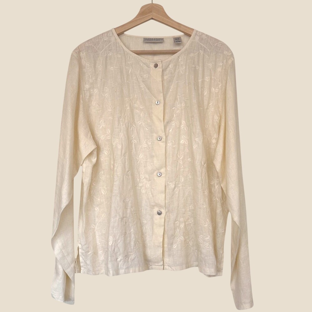 Valerie Stevens 100% Linen Embroidered Button Front Top Large Vintage Floral